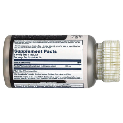 Solaray Tongkat Ali Extract supplement facts panel showing 300mg Eurycoma longifolia jack root extract