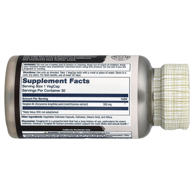 Solaray Tongkat Ali Extract supplement facts panel showing 300mg Eurycoma longifolia jack root extract