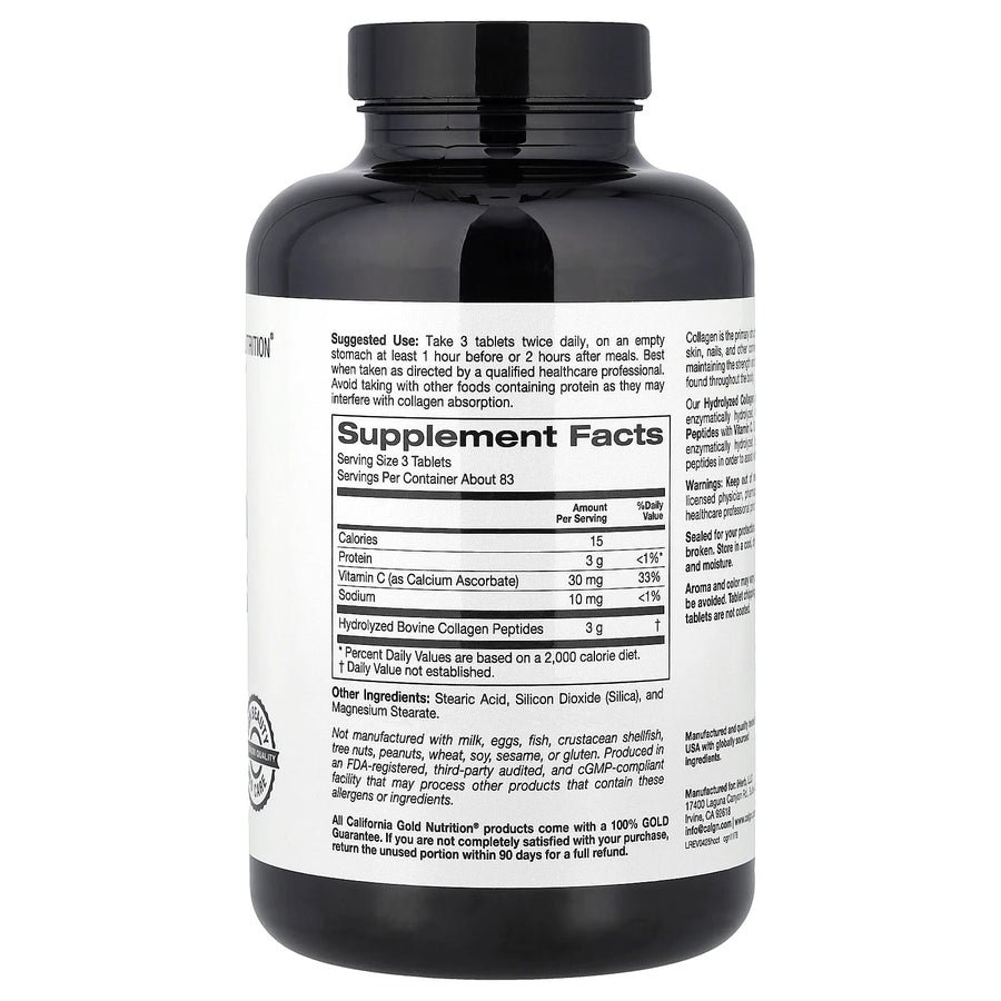 California Gold Nutrition Hydrolysed Collagen Peptides Type I III Vitamin C 250 tablets bottle