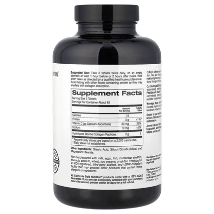 California Gold Nutrition Hydrolysed Collagen Peptides Type I III Vitamin C 250 tablets bottle