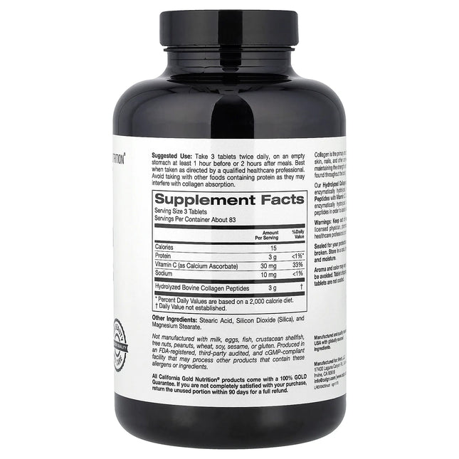 California Gold Nutrition Hydrolysed Collagen Peptides Type I III Vitamin C 250 tablets bottle