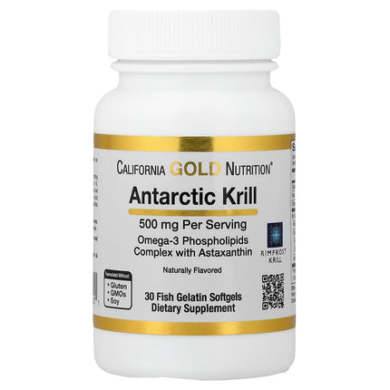 California Gold Nutrition Antarctic Krill Oil 500mg bottle, front label showing EPA, DHA and astaxanthin omega-3 softgels