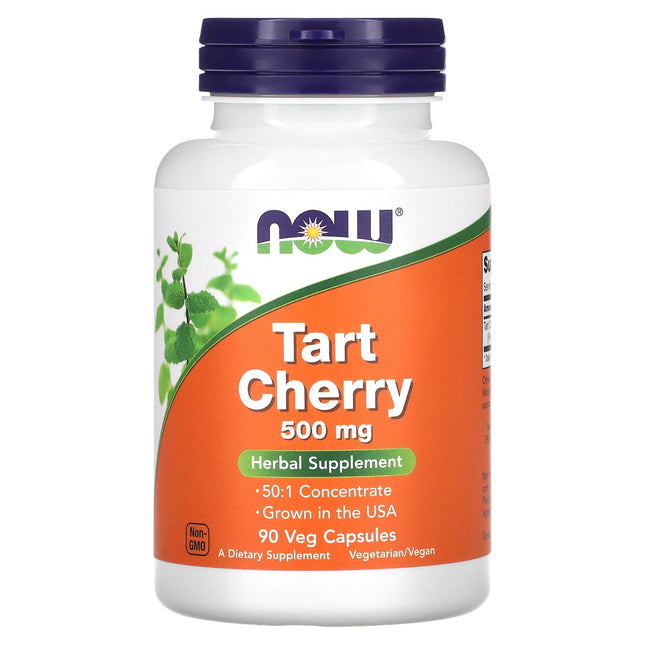 NOW Foods Tart Cherry capsule bottle, 500mg 50:1 Montmorency concentrate, grown in USA, 90 veg capsules