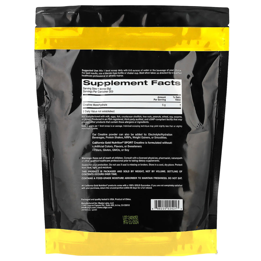 California Gold Nutrition, Sport, Pure Creatine Monohydrate, Unflavoured, 1 kg (2.2 lbs)