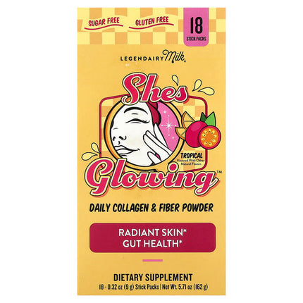 Legendairy Milk, She's Glowing™, Daily Collagen & Fiber Powder, Tropical, 18 Stick Packs, 0.32 oz (9 g) Each