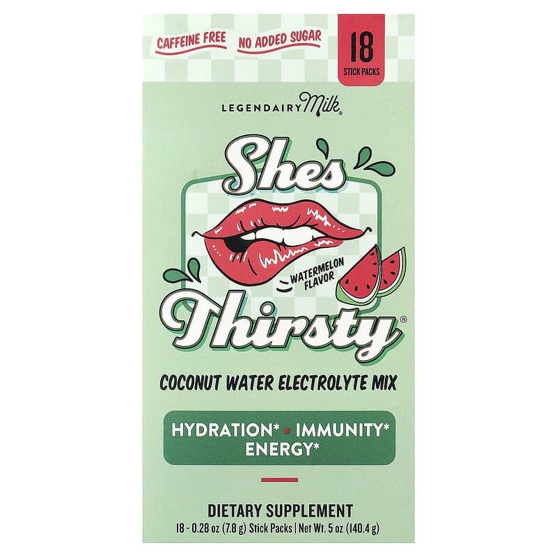 Legendairy Milk, She's Thirsty®, Coconut Water Electrolyte Mix, Watermelon (Box), 18 Stick Packs, 0.28 oz (7.8 g) Each