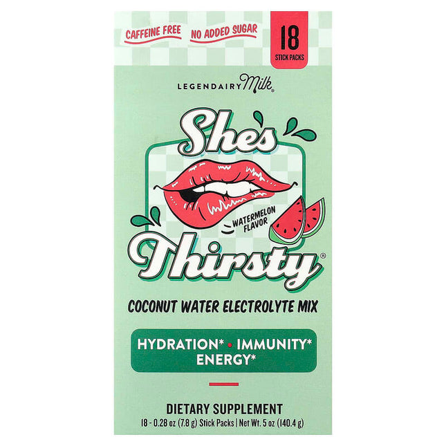 Legendairy Milk, She's Thirsty®, Coconut Water Electrolyte Mix, Watermelon (Box), 18 Stick Packs, 0.28 oz (7.8 g) Each