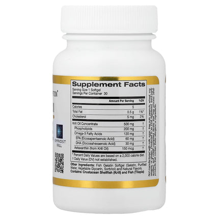 Supplement facts panel for California Gold Nutrition Antarctic Krill Oil, listing omega-3 phospholipids, EPA, DHA and astaxanthin per serving