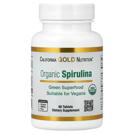 Close-up of California Gold Nutrition Organic Spirulina 500mg tablets