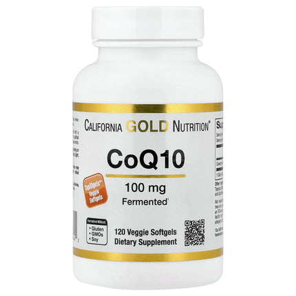 Close-up of California Gold Nutrition CoQ10 100mg ubiquinone capsules