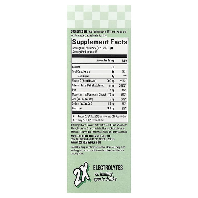 Legendairy Milk, She's Thirsty®, Coconut Water Electrolyte Mix, Watermelon (Box), 18 Stick Packs, 0.28 oz (7.8 g) Each