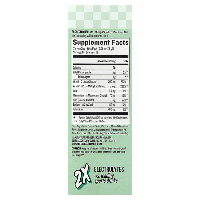 Legendairy Milk, She's Thirsty®, Coconut Water Electrolyte Mix, Watermelon (Box), 18 Stick Packs, 0.28 oz (7.8 g) Each