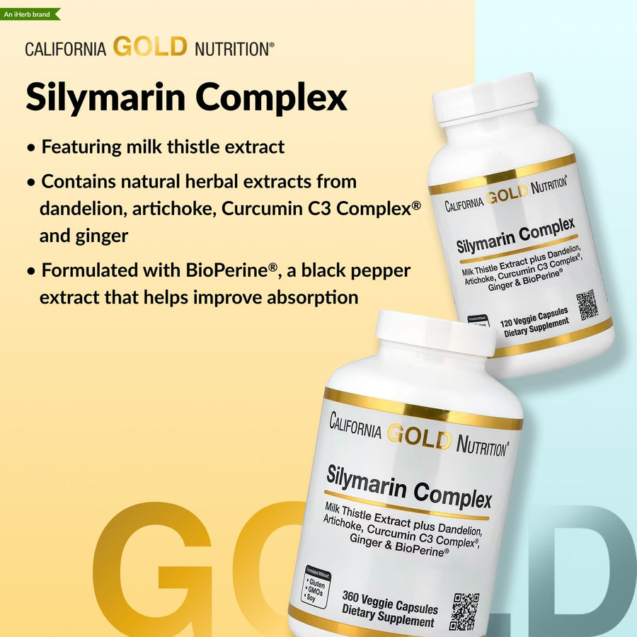 California Gold Nutrition Silymarin Complex Milk Thistle Dandelion Artichoke Curcumin BioPerine veggie capsules bottle