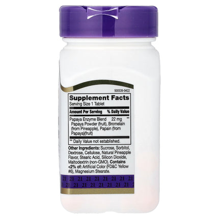 21st Century Chewable Papaya Enzyme bottle back label with supplement facts and ingredients