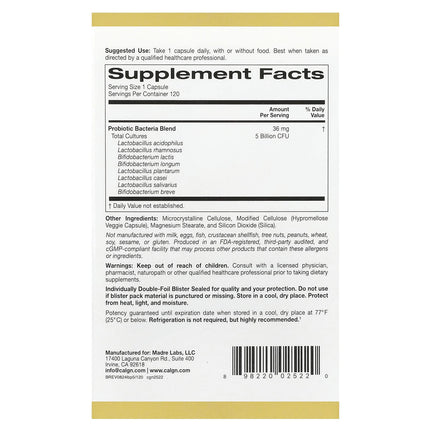 California Gold Nutrition LactoBif 5 Probiotics 5 Billion CFU capsules bottle