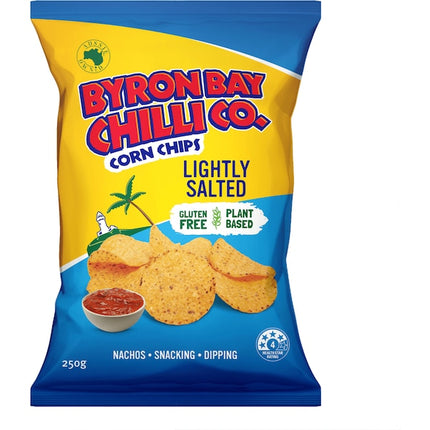 Byron Bay Chilli Co. corn chips packaging with yellow and blue design.