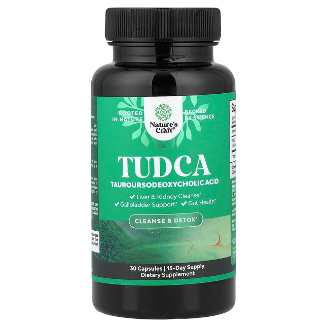 Nature's Craft TUDCA 30 capsule bottle front label, 500mg per serving, 15 day supply