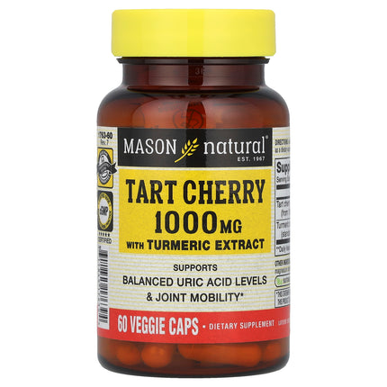 Mason Natural Tart Cherry with Turmeric Extract capsule bottle, 1000mg, uric acid and joint mobility support, 60 veggie caps
