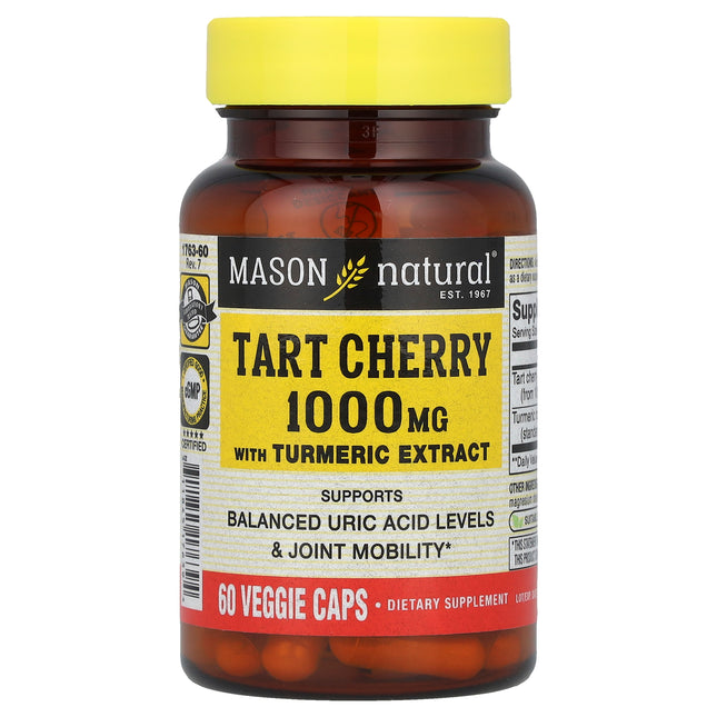 Mason Natural Tart Cherry with Turmeric Extract capsule bottle, 1000mg, uric acid and joint mobility support, 60 veggie caps