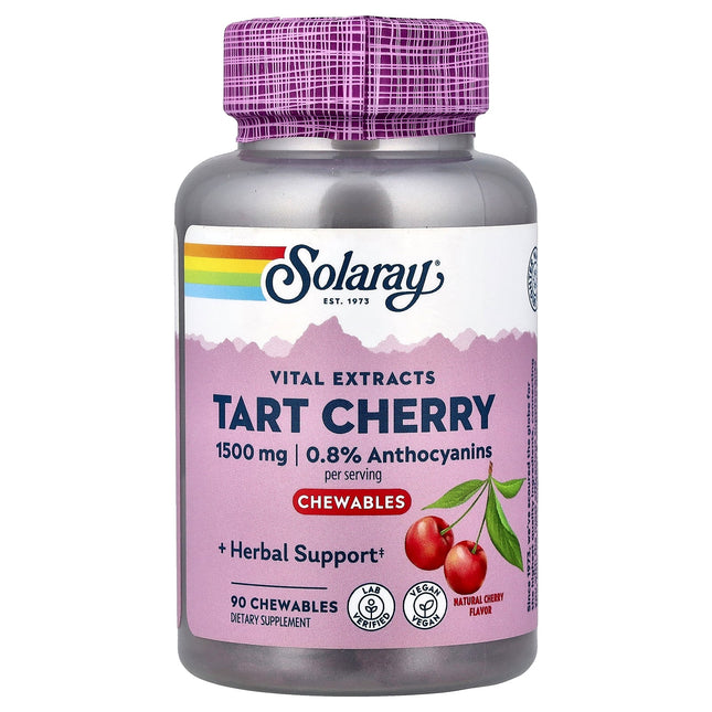 Solaray Vital Extracts Tart Cherry chewable tablets bottle, vegan, 1500mg with 0.8% anthocyanins, 90 chewables