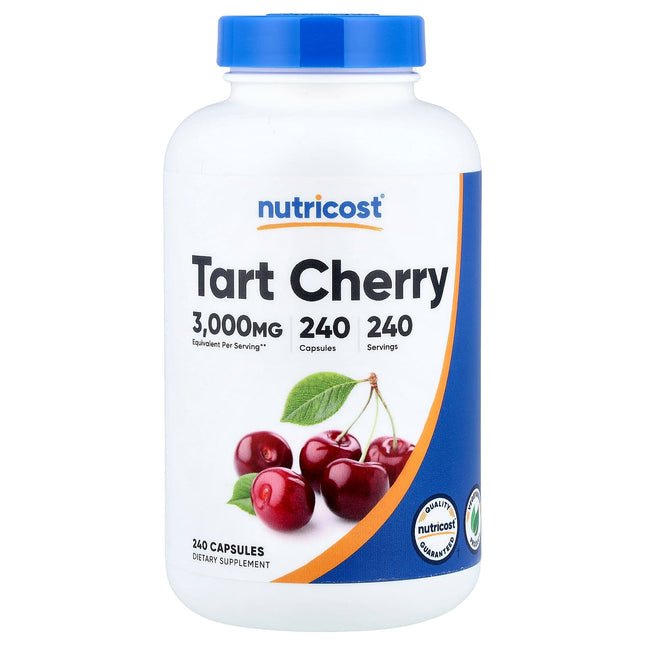 Nutricost Tart Cherry capsule bottle, 3000mg equivalent per capsule, once daily, 240 capsules