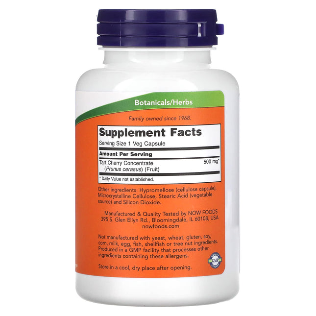Supplement facts panel for NOW Foods Tart Cherry showing 500mg tart cherry concentrate per veg capsule