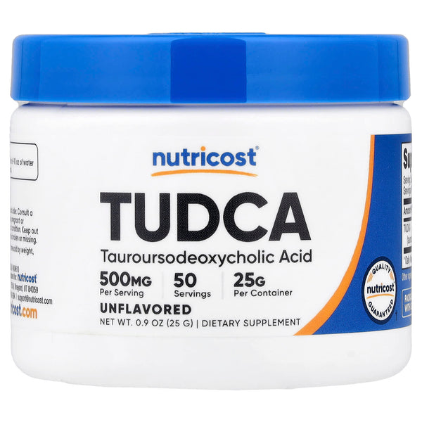 Nutricost TUDCA unflavored powder tub, 500mg per scoop, 50 servings