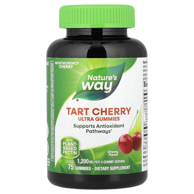 Nature's Way Tart Cherry Ultra Gummies bottle, Montmorency cherry, plant-based pectin, 75 gummies