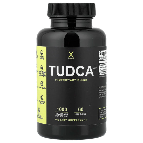Humanx TUDCA+ bottle with milk thistle and pterostilbene, 60 capsule front label