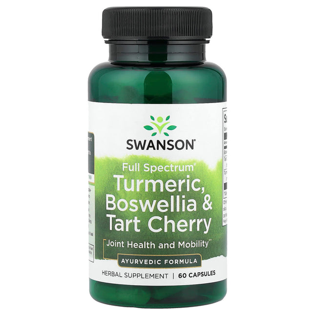 Swanson Full Spectrum Turmeric, Boswellia and Tart Cherry capsule bottle, Ayurvedic joint health formula, 60 capsules