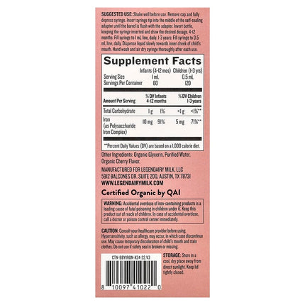 Legendairy Milk, Iron Organic Drops, 4+ Months, Yummy Cherry, 2 fl oz (60 ml)