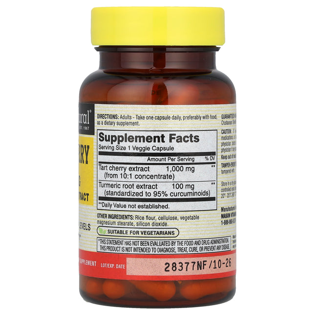 Supplement facts panel for Mason Natural Tart Cherry with Turmeric showing 1000mg tart cherry extract and 100mg turmeric root extract
