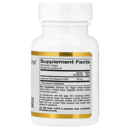 Supplement facts panel for California Gold Nutrition CoQ10 100mg, pure ubiquinone per capsule