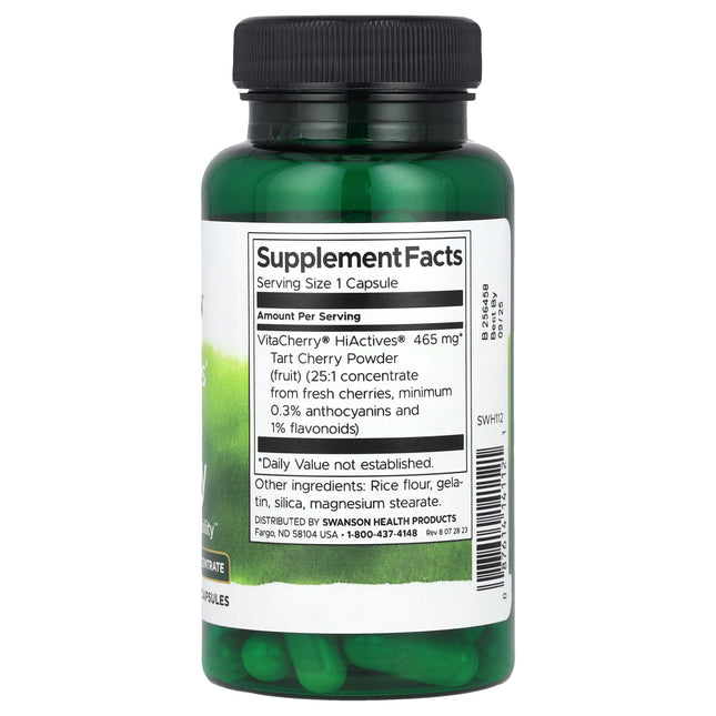 Supplement facts panel for Swanson HiActives Tart Cherry showing VitaCherry 465mg with 0.3% anthocyanins and 1% flavonoids
