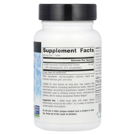 Source Naturals Tongkat Ali supplement facts panel, 30 tablet bottle, showing 80mg LJ100 extract