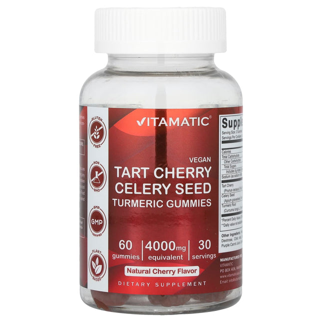 Vitamatic Vegan Tart Cherry Celery Seed Turmeric Gummies bottle, natural cherry flavour, 4000mg equivalent, 60 gummies