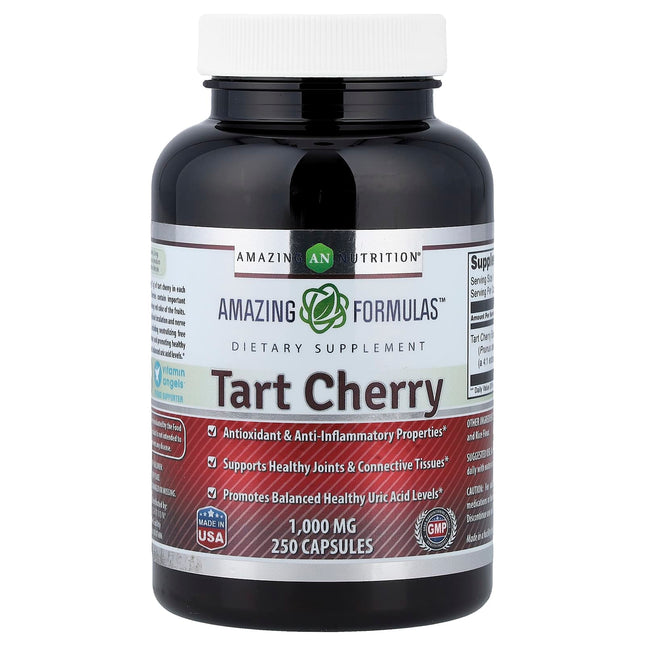 Amazing Nutrition Tart Cherry capsule bottle, 1000mg equivalent per capsule, joint and uric acid support, 250 capsules
