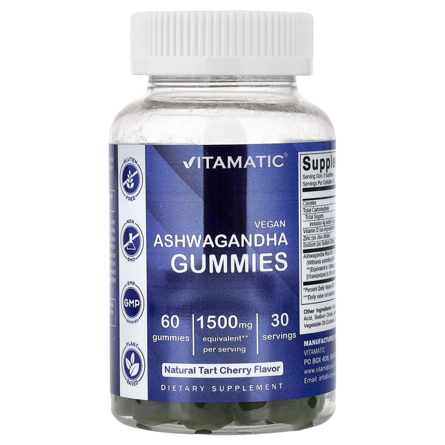 Vitamatic Vegan Ashwagandha Gummies bottle, natural tart cherry flavour, 1500mg equivalent per serving, 60 gummies