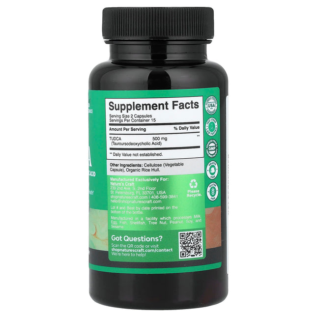 Supplement Facts panel for Nature's Craft TUDCA 30 capsule pack showing 500mg per serving
