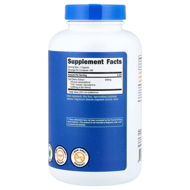 Supplement facts panel for Nutricost Tart Cherry showing 300mg 10:1 extract equivalent to 3000mg tart cherry per capsule