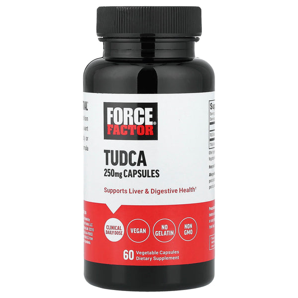 Force Factor TUDCA 250mg vegan capsules bottle, 60 capsule front label