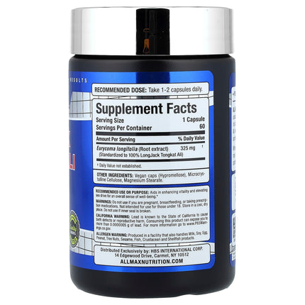 ALLMAX Essentials Longjack Tongkat Ali supplement facts panel showing 325mg 100% Eurycoma longifolia extract