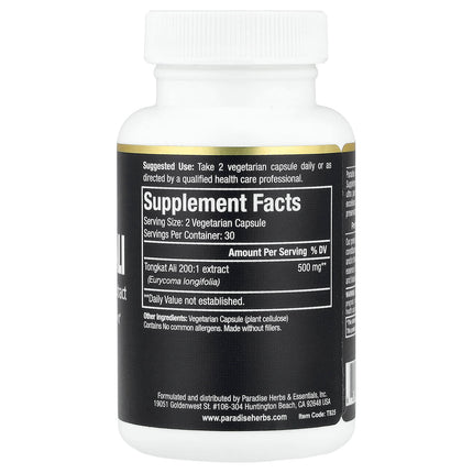 Paradise Herbs Tongkat Ali supplement facts panel showing 250mg 200:1 whole-spectrum extract