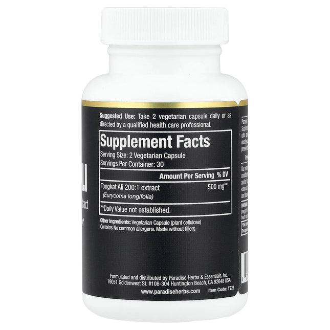 Paradise Herbs Tongkat Ali supplement facts panel showing 250mg 200:1 whole-spectrum extract