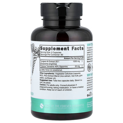 Nutri Tongkat Ali supplement facts panel showing 1000mg 20:1 extract and Tribulus Terrestris per serving