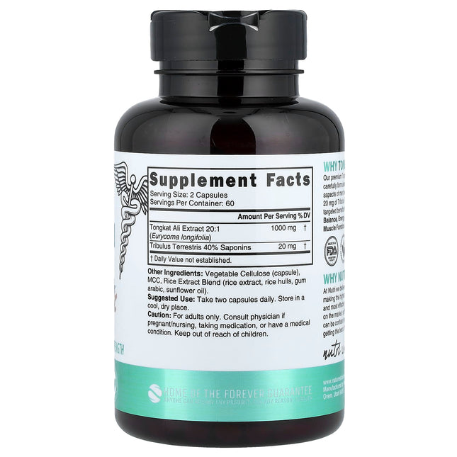 Nutri Tongkat Ali supplement facts panel showing 1000mg 20:1 extract and Tribulus Terrestris per serving