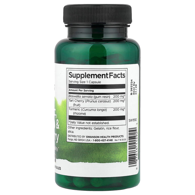 Supplement facts panel for Swanson Turmeric Boswellia Tart Cherry showing 200mg of each ingredient per capsule