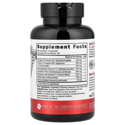 Nutri Men's Performance Complex supplement facts panel showing Tongkat Ali, Tribulus, L-Citrulline and Ashwagandha per serving