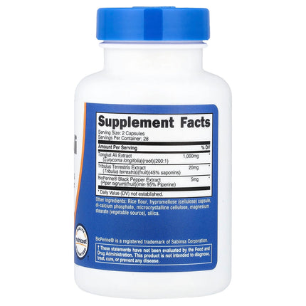 Nutricost Tongkat Ali supplement facts panel, 56 capsule bottle, showing 1000mg 200:1 extract with Tribulus and BioPerine