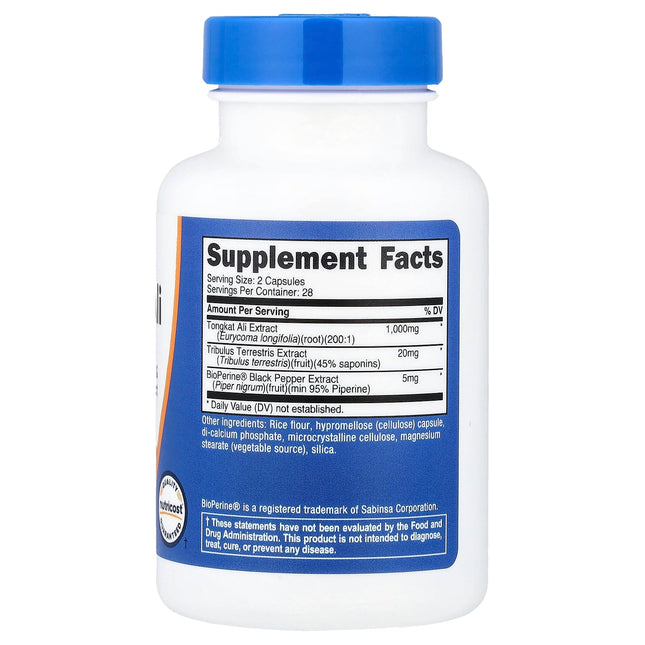 Nutricost Tongkat Ali supplement facts panel, 56 capsule bottle, showing 1000mg 200:1 extract with Tribulus and BioPerine